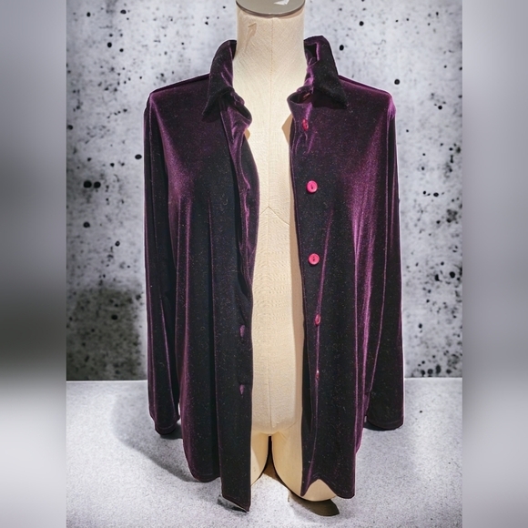 Kathie Lee Collection Womens Purple Velour Button Down [L] - Picture 1 of 3
